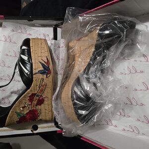 Black Wedge Sandals with Embroidered Design